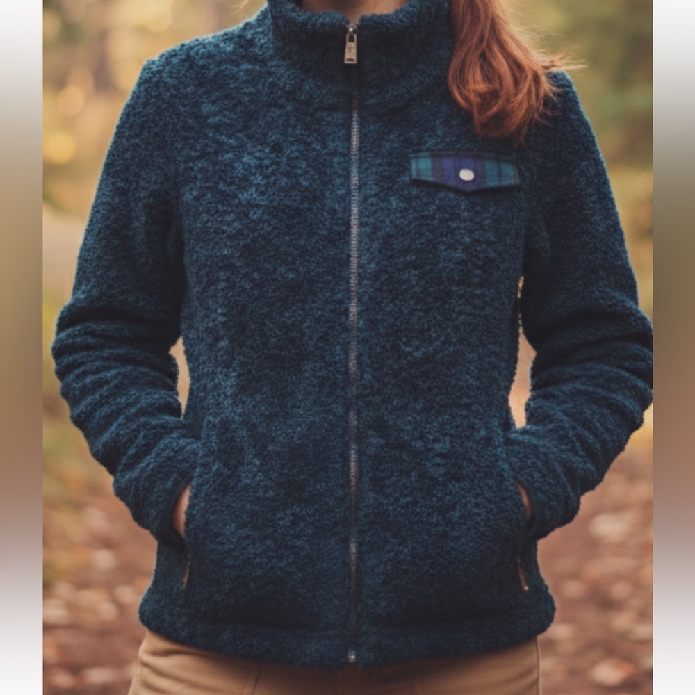 Pendleton Womens Fuzzy Zip Jacket green Teddy Fleece Plaid Accent Outdoor XL
